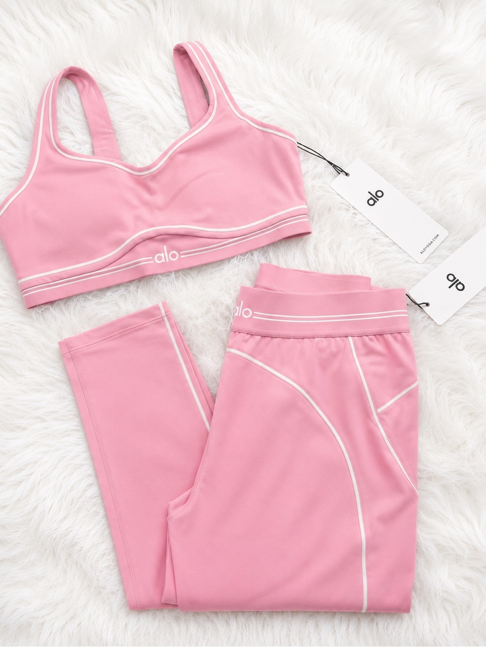 ALO Yoga Pink Piped Sports Bra and Legging Set